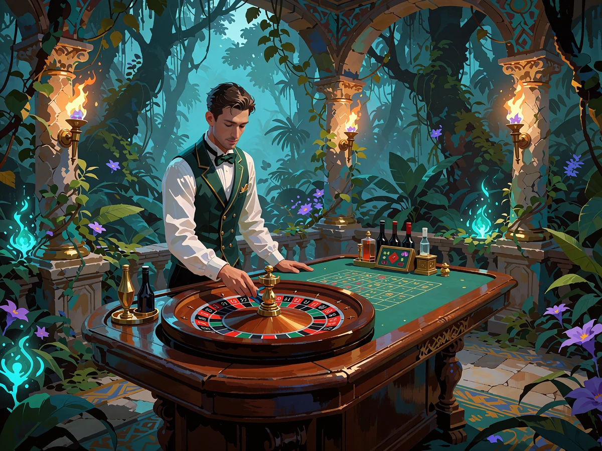 Croupier i hvid skjorte og gr&oslash;n vest s&aelig;tter et roulettehjul i gang i en stenpavillon med lanterner - live casino hos Wild Chance