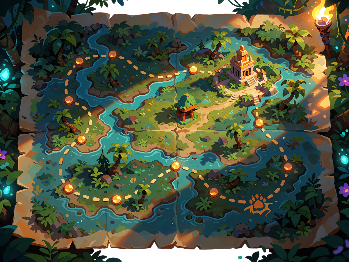 Gammel pergamentkort med junglebiler, floder og en stiplet sti med lysende mark&oslash;rer - Bonus Map hos Wild Chance