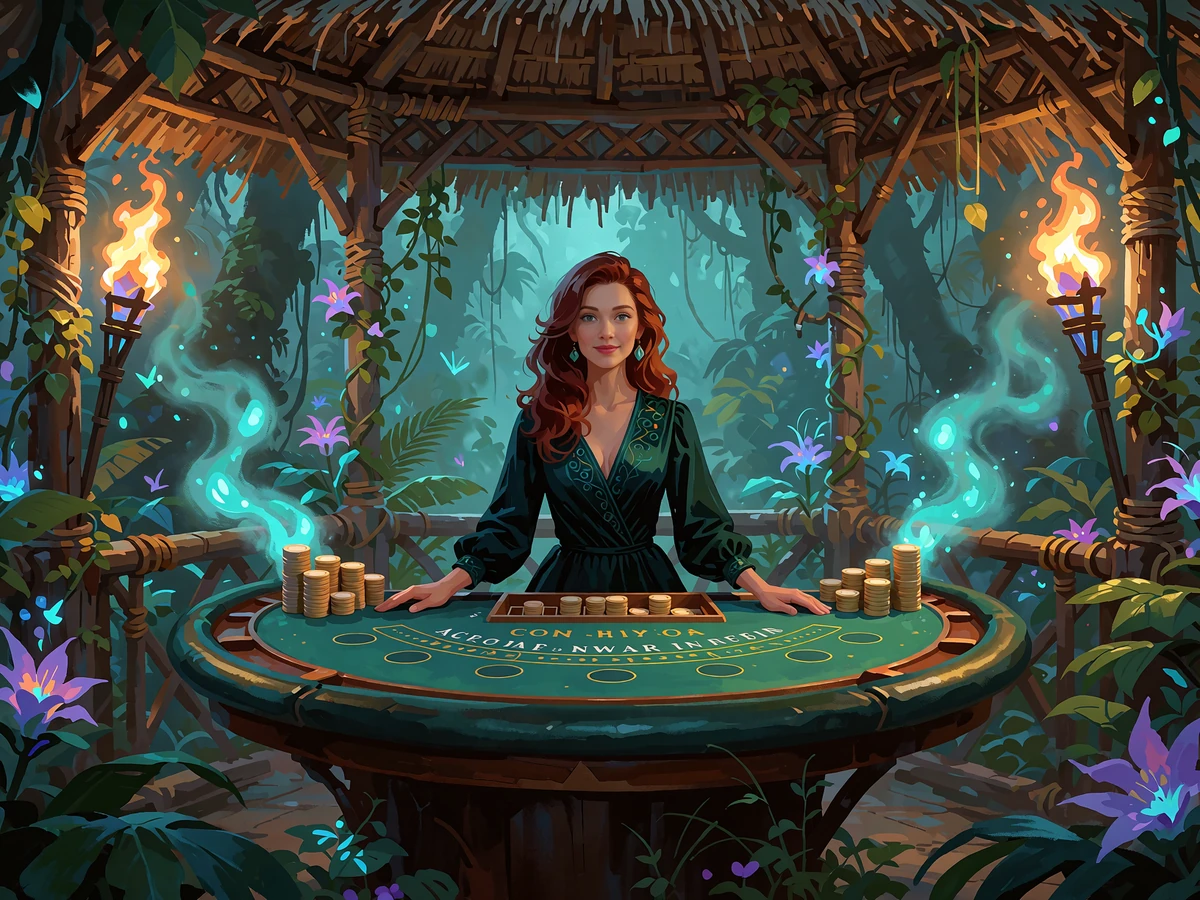 Croupier ved et blackjackbord i en junglepavillon med fakler - live casino hos Wild Chance Casino